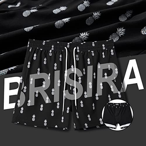 Brisira Swim Trunks Men Quick Dry Swim Shorts 5 Inch Inseam Stretch Water Beach Shorts With Compression Liner Zipper Pocket Black Pineapple #TOP1