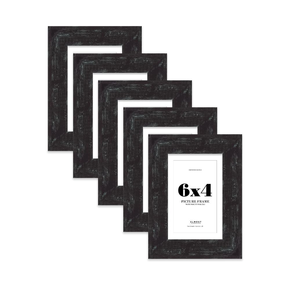 6x4" Distressed Black Picture Frame with 5x3" Mount - Rustic Photo Frame with Distressed Finish, Wall Hooks and Kickstand, 32mm Edge - 5 Pack