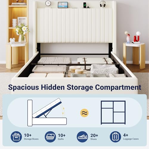 Image of Allewie Full Size Lift Up Storage Bed Frame,Storage Shelf Headboard with Charging Station,Type-C and USB Ports,Hydraulic Support,Velvet Upholstered Bed Frame,No Box Spring Needed,Cream