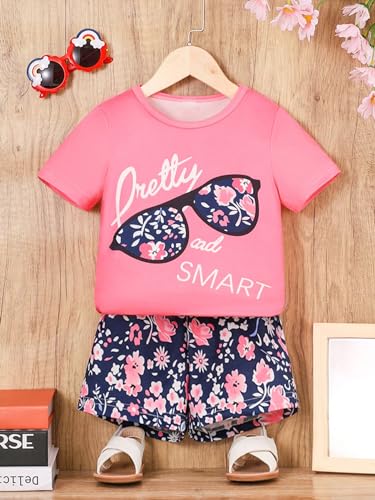 Image of Floerns Girl's Two Piece Outfit Floral Print Short Sleeve Tee Shirt and Shorts Set