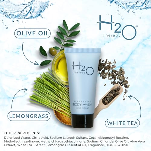 Travel Size Hotel Body Wash 20 Count 0.85 oz Bottles Guest Amenities for Hotels Vacation Rentals and Short Term Rentals Paraben Free Green Tea Scent Infused with Aloe and Olive Oil by H2O Therapy
