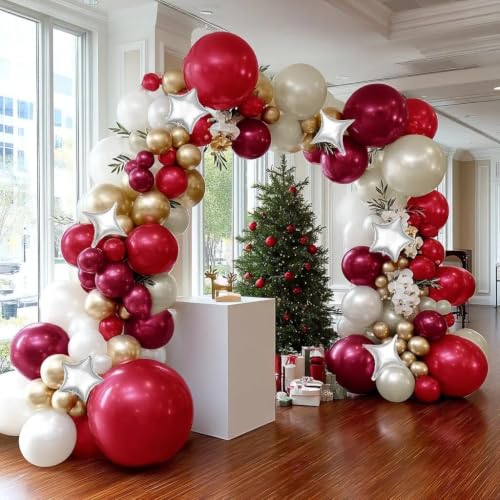 Image of Rose Red White Balloon Arch Double Stuffed Burgundy Gold Pearl Balloon Kit | Fuchsia sand white gold sliver star foil balloon garland for Birthday Wedding Bridal Shower Christmas Valentines party decor