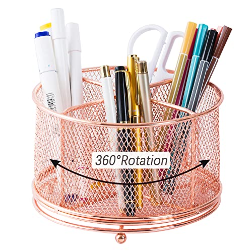 YOSCO 360 Rotating Rose Gold Pen Holder for Desk Workspace Organizers with Large Capacity Mesh Stand Office Supplies Storage Organize Pencil Cup Pot for Office School & Art Supplies (Rose Gold-A)