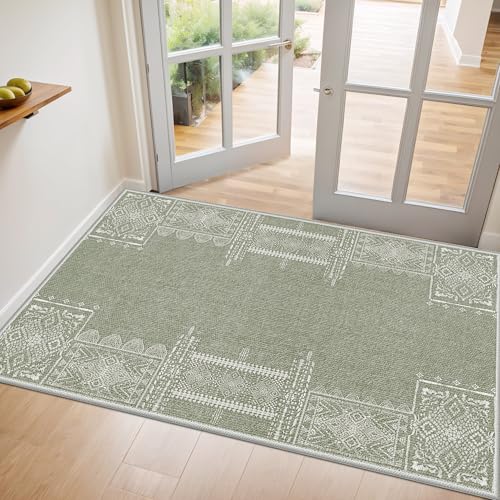 NICETOWN Sage Green Rug 2x3 Entryway Small Carpet Washable Thin Geometric Area Rug with Rubber Backing - 2x3 Boho Non-Slip Foyer Carpet for Kitchen La