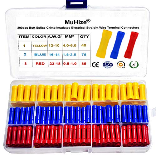 200Pcs Insulated Butt Connectors Kit - Muhize Splice Crimp Electrical Straight Wire Terminal Assortment Set (Includes 22-16/16-14/12-10 AWG)