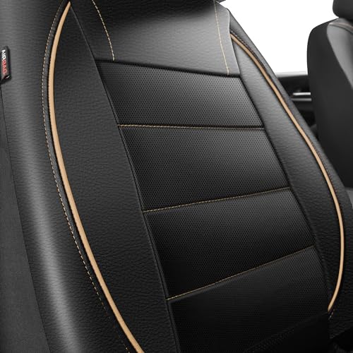 Image of CAR PASS Universal FIT Piping Leather Two Front Seat Covers, Waterproof Faux Leather for SUV Sedan Van Truck, Airbag Compatible,Reserved Opening Holes for Headrest Covers. (Black and Beige)