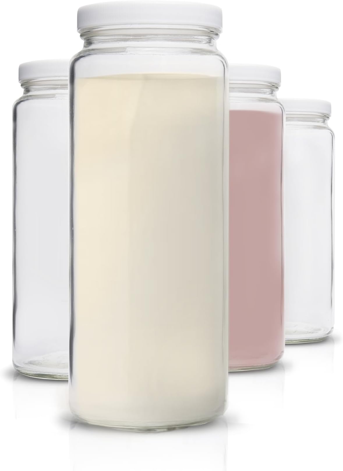 All About Juicing Glass Bottles Set - 32 oz Jars, 4 Pack Wide Mouth with Lids for Juice, Smoothies, Water, Milks, Beverage Storage - Large Jug, Clear, Durable, Reusable, Dishwasher Safe, Leak Proof