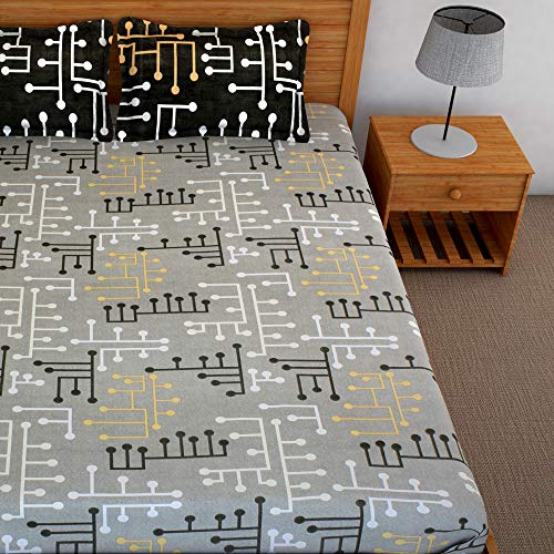 Image of Story@Home 120 TC Candy Geometric Cotton Bedsheet for Double Bed with 2 Pillow Cover -Silver Grey