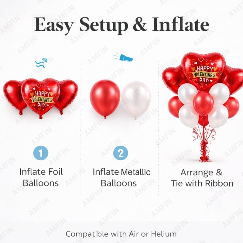 Image of AMFIN (Pack of 9) Happy Valentine's Day Balloon Decoration Set | Romantic Heart Foil Bouquet Metallic Helium Bunch Proposal Anniversary Celebration Party Decor - Red