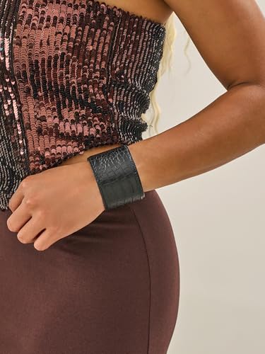 Wide Leather Cuff Bracelets for Women Chunky Trendy Black Open Bangle Thick Statement Snakeskin Leather Wrap Bracelet Trendy Thick Punk Bangles3