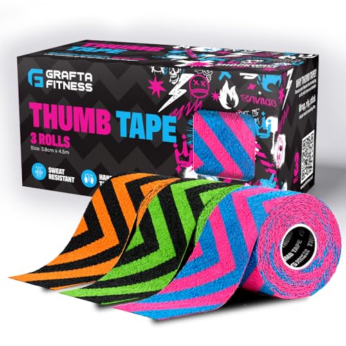 Grafta Fitness Thumb Tape Easy Tear Stretchy Weightlifting Thumb Tape for Hook Grip & Crossfit Sweat-Proof Gym Tape for Finger Protection 3.8cm x 4.5m (Mixed - 3 Pack)