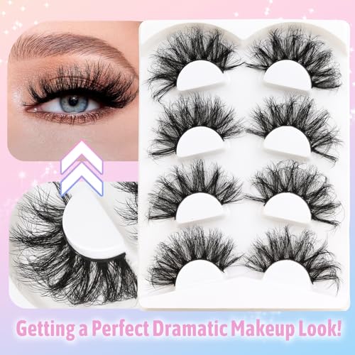 Losha 25mm Lashes Big Fluffy False Eyelashes 3D Dramatic Long Volume Faux Mink Lashes Pack 4 Pairs