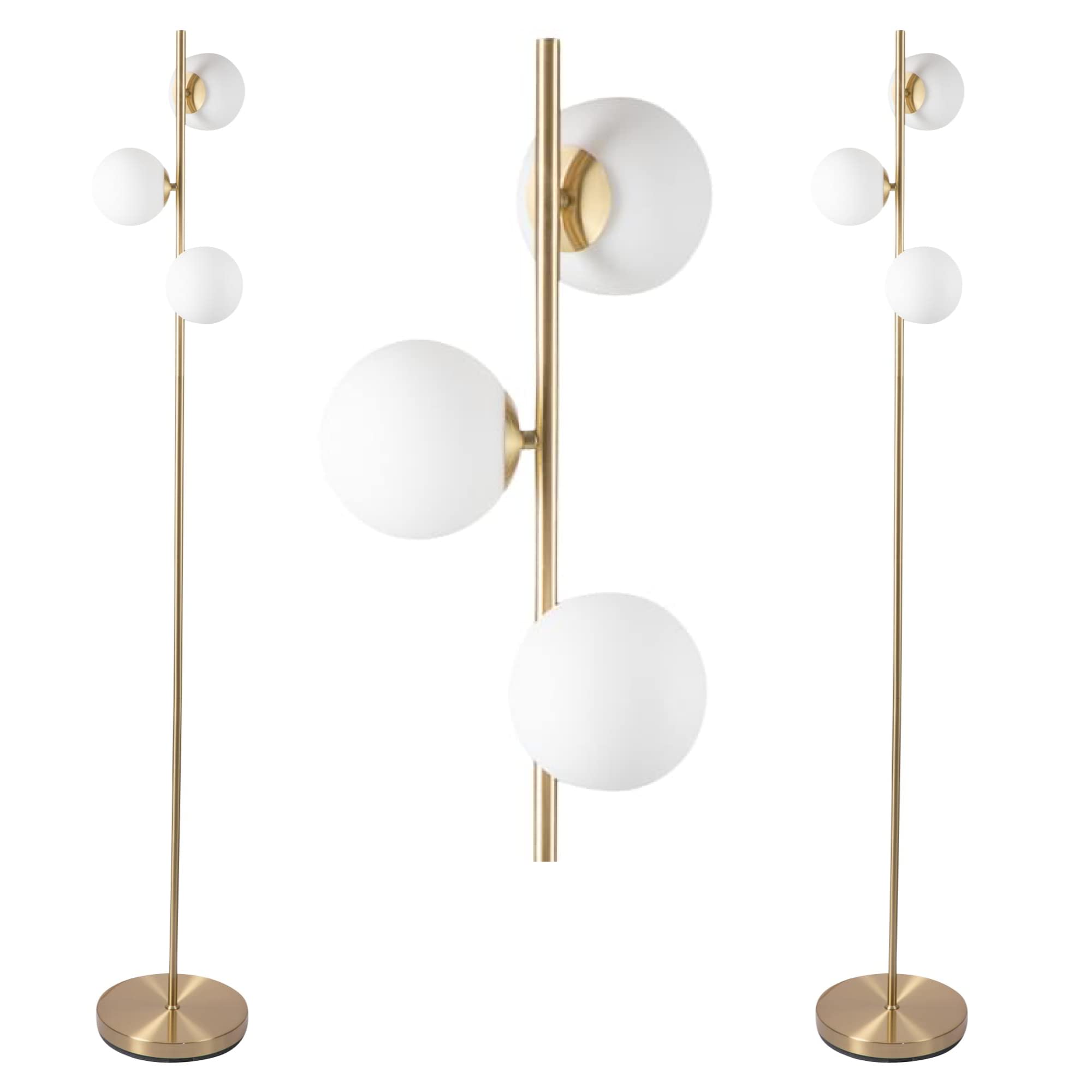 Pair Modern Satin Brass Stem Floor Lamps with Opal Globe Glass Shades