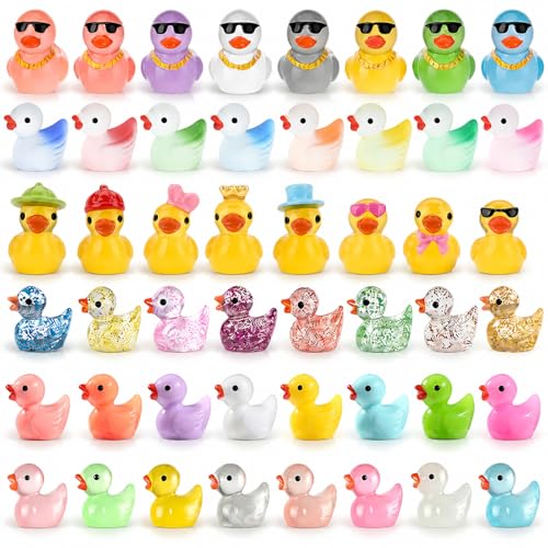 Baiinjiene 91 Pcs Mini Resin Ducks with 6 Styles, Tiny Luminous and Glitter Duck Bulk, Small Miniature Figures with Sunglasses and Crowns for DIY Crafts, Micro Landscape and Hiding Games(91pcs)