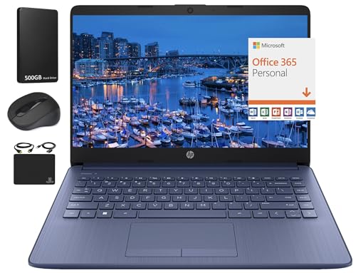 HP New 14' HD Ultra Light Thin Laptop, Quad-Core Intel Celeron Processor, 16GB RAM, 564GB (64GB eMMC+ 500GB Ext Driver), Upto 11 Hours, Windows 11 S + 1 Year Office 365+HubxcelAccessory, Royal Blue