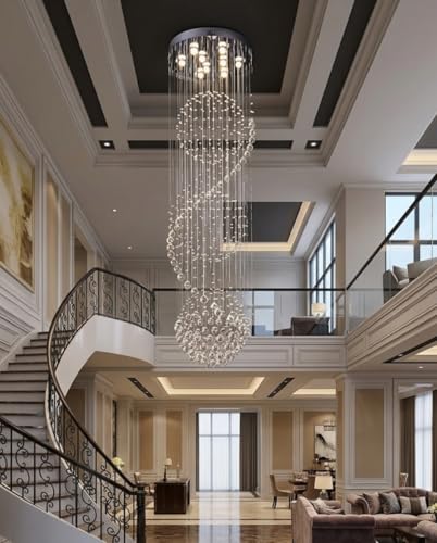 Image of Sanleen Modern Contemporary K9 Crystal Glass Double Height Chandelier Ceiling Lighting Lamp (Design 6) | 2 Ft Width x 8 Ft Height Luxury Staircase Chandelier for Duplex, Foyer, Lobby & Villa Decor
