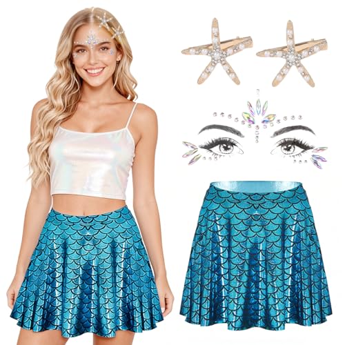 Damen Meerjungfrau Kostüm, 4 Stücke Frauen Meerjungfrau Kostüm Set, Fischschuppen Rock, 2 Stücke Seestern Haarspange, Edelsteine Gesichtstattoo...