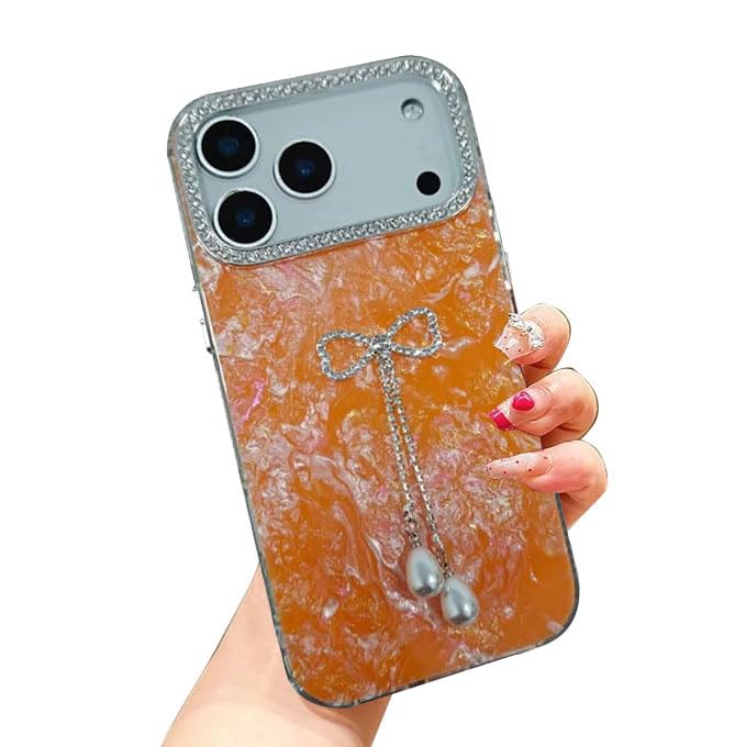 Image of mobistyle Compatible with iPhone 17 Pro Max | Shell Pattern with Bow Tassel and Daimond Camera Lens Protection Back Cover Case for Women Girls iPhone 17 Pro Max (Orange)