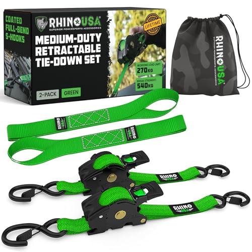 Rhino USA Retractable Ratchet Straps (2-Pack) - 2.5cm x 3m (540kg Break Strength) - Heavy Duty Auto Self-Retracting Tie Down Straps for Truck Cargo Trailer Motorcycle Bike & More - Green