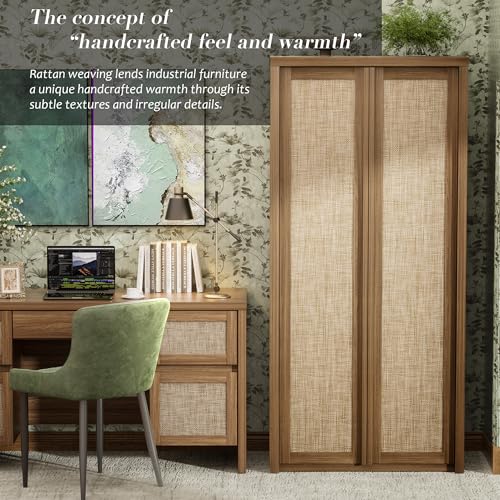 Image of Yechen 67 inch Tall Kitchen Pantry Cabinet,Rattan Storage Cabinet with Solid Wood Integrated Handle​and Adjustable Shelves, Cupboard with Doors for Livingroom, Dining Room, Natural Walnut (2 Piece)