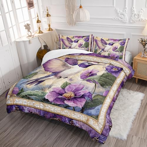 Image of AILONEN Purple Flower Hummingbird Comforter Set Queen Size,Boho Exotic Hummingbird Bedding Set for Girls Women,Beautiful Bird Print Comforter with 2 Pillowcases,3 Pieces