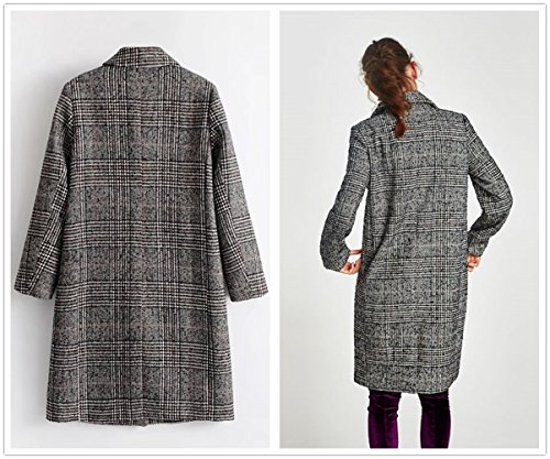 Face Dream Women's Classic Lattice Winter Overcoat Lapel Double Breasted Woolen Long Coat, Grey, Medium - Thumbnail 2