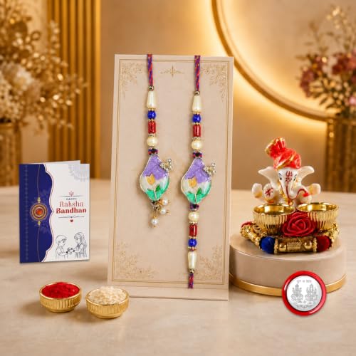 Image of Oblivion Designer Trendy Multicolor Lumba Rakhi Combo for Brother Bhaiya Bhai with Ganesha Thali, Roli Tikka, Silver Color Pooja Coin & Greeting Card | Raksha Bandhan Festival Gift Set | Pack of 5