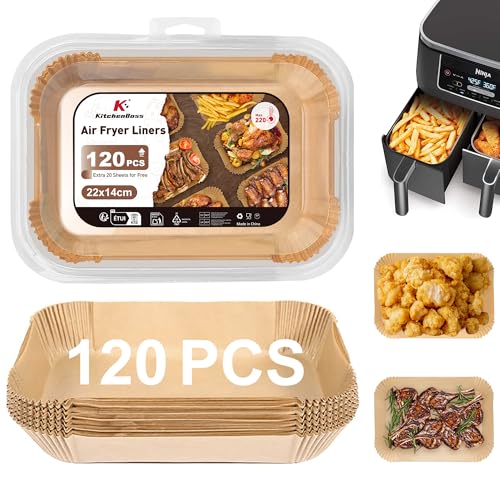 KitchenBoss Carta Forno per Friggitrice ad Aria: 120 Pezzi Rettangolare Carta Forno Fogli 22 x 14cm, Antiaderente Impermeabile Antiolio Air Fryer Accessori Compatibile con Ninja AF300EU AF400EU