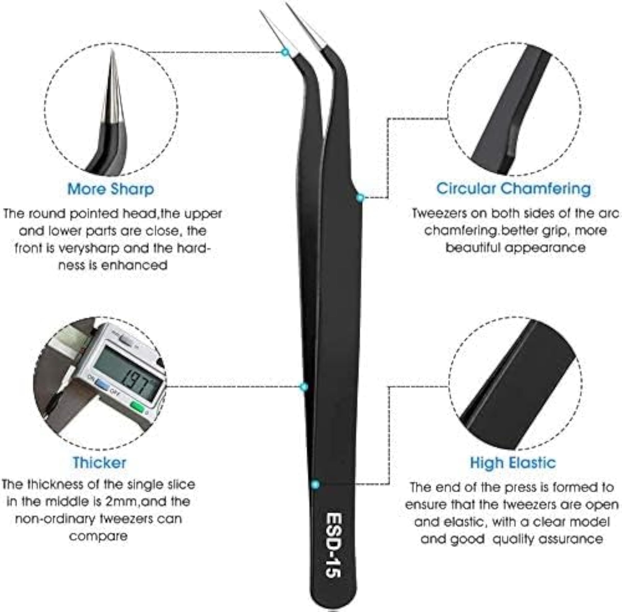 10 Pcs Anti-Static Stainless Steel Precision ESD Tweezers Set