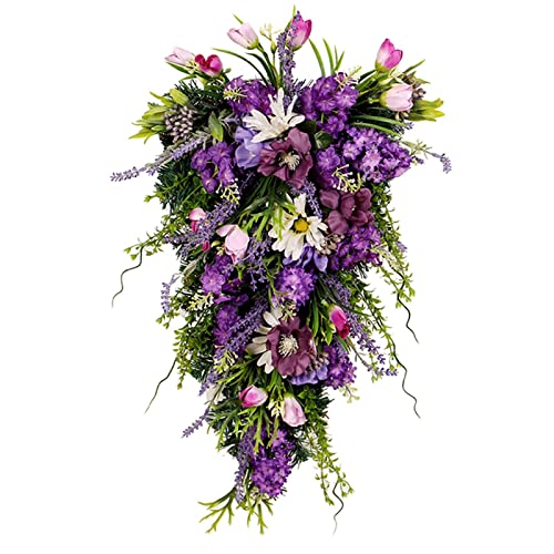 Floral Swag Decorative Teardrop Wreath Wall Hanging Decoration Spring Summer Garland Door Swag Wreath for Wedding Party Festival Garden, Purple