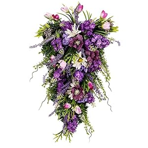 Floral Swag Decorative Teardrop Wreath Wall Hanging Decoration Spring Summer Garland Door Swag Wreath for Wedding Party Festival Garden, Purple