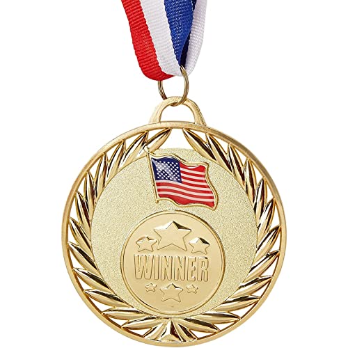 Juvale 6 Pack Gold Winner Medals with American Flag and Ribbon for Sports Competitions and Tournaments, 2.7 Inch Medal with 15 Inch Ribbon