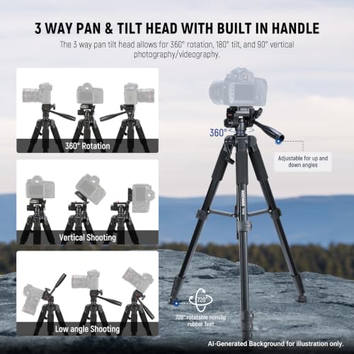 Image of NEEWER BASICS Camera Tripod, 71'' Tripod with Cell Phone Holder Mount Compatible with iPhone for Video Recording, Professional Aluminum Lightweight Portable Travel Stand with 3 Way Pan Tilt Head, TP55