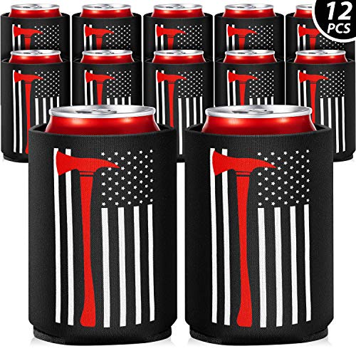 12 Piezas Fundas de Enfriador de Lata de Bombero Mangas de Cerveza USA Cubiertas de Latas de Bandera Hacha de Fuego Rojo Mangas Aisladas para...