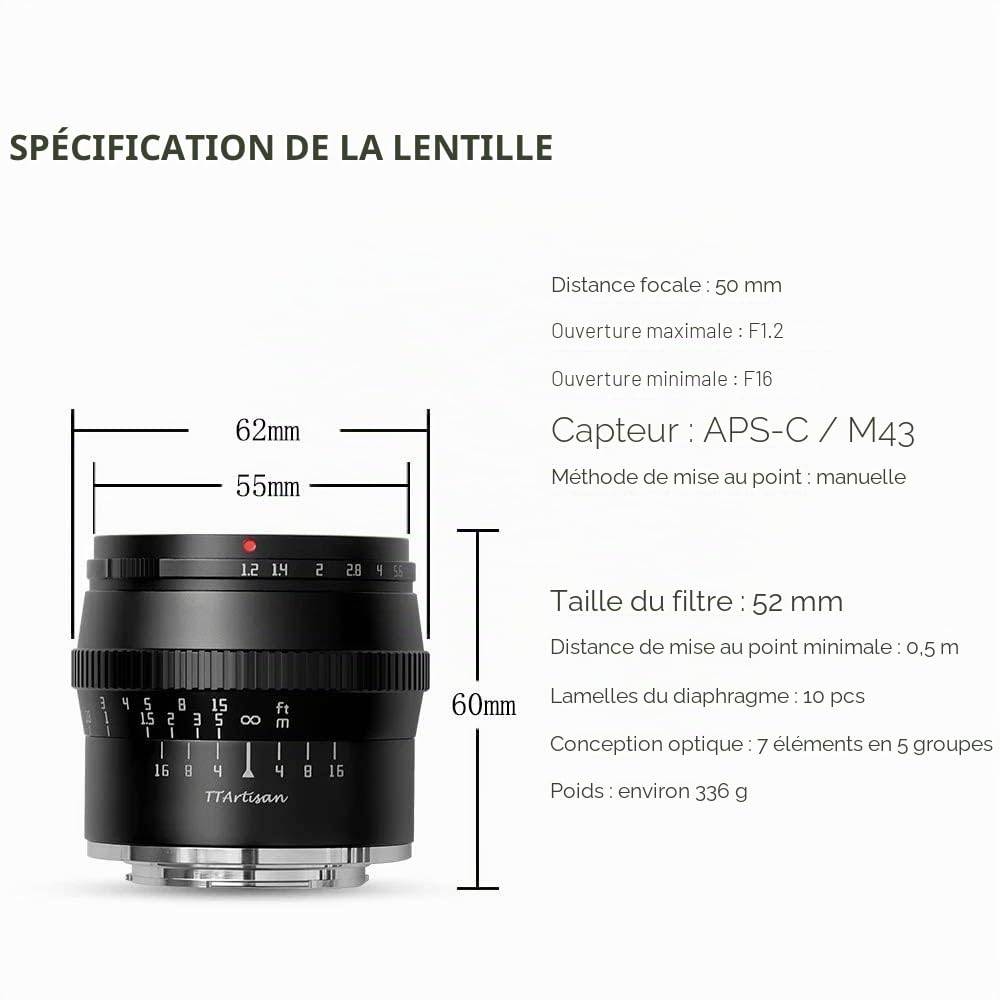 TTARTISAN 50mm F1.2 Objectif APS-C Objectif Fixe à Grande Ouverture et Mise au Point Manuelle Compatible avec Les appareils Fuji X Mount