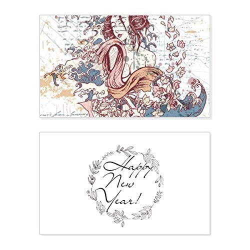 Tarjeta conmemorativa premium con diseño japonés de geisha y abanico kimono