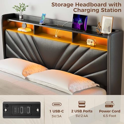 Image of Rolanstar King Size Bed Frame, Storage Headboard with Charging Station and LED Lights, Upholstered Bed with Heavy Duty Wood Slats, No Box Spring Needed, Noise Free, Easy Assembly, Black
