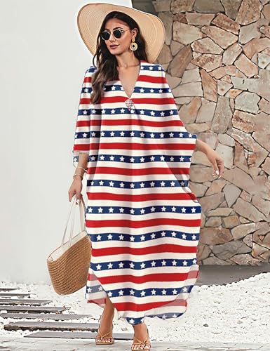 Image of MAKABO Kaftan Dresses for Women, V Neck Moo Moos Colorful Print Cover Ups Caftan Beach Dresses for Swimwear