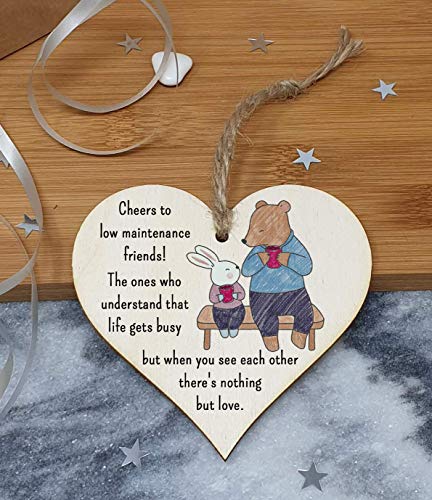 The Plum Penguin Handmade Wooden Hanging Heart Plaque Gift Cheers to low maintenance friends long distance friendship miss you cute wall hanger hand drawn design - Image 2