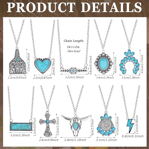 FUNRUN JEWELRY 10Pcs Western Necklaces for Women Turquoise Necklace Cow Tag Lightning Bolt Horseshoe Bar Turquoise Pendant Necklace Cowgirl Boho Western Jewelry Set3