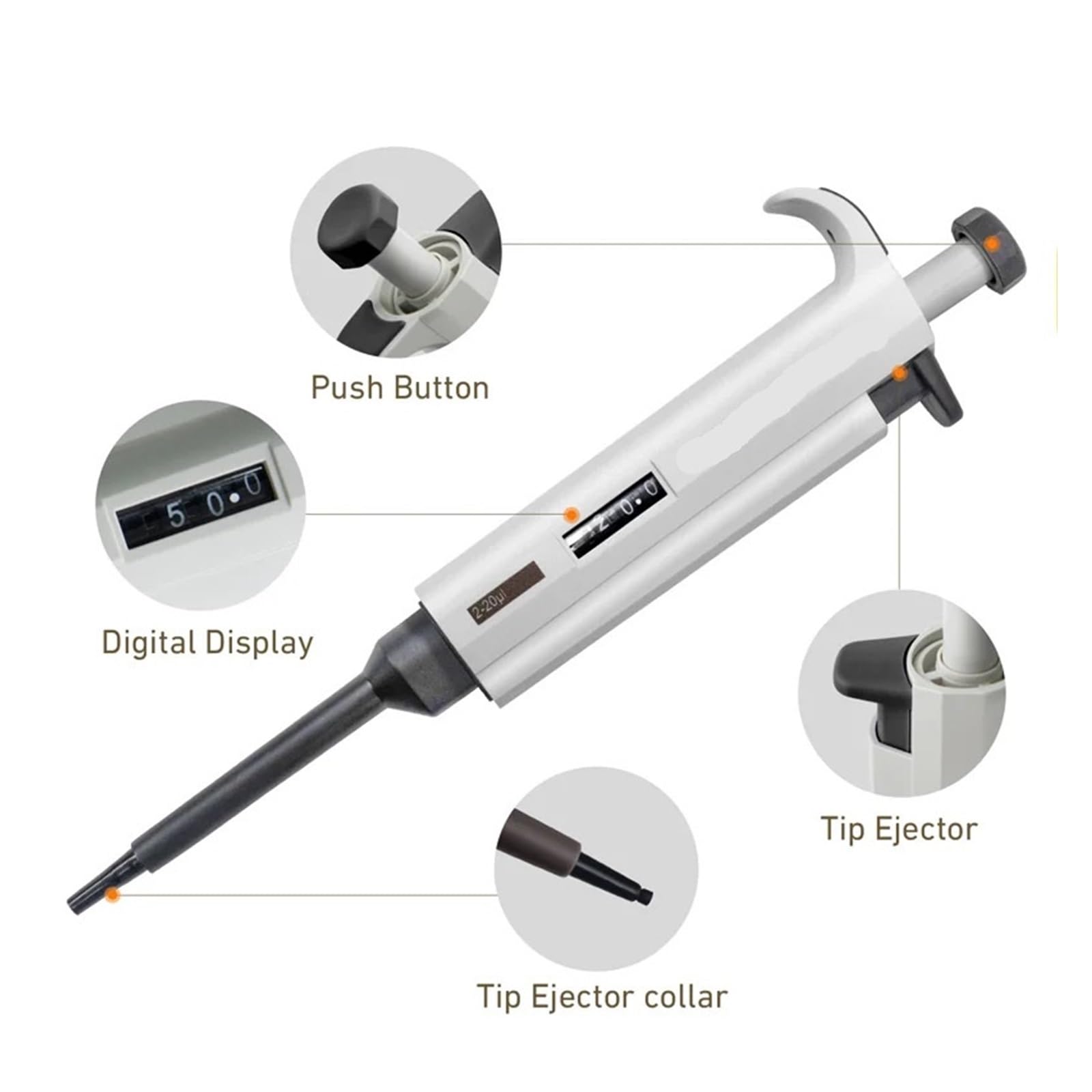 pipeta de Laboratorio, Pistola de micropipetas Laboratorio, pipeta un Solo Canal, plástico Ajustable Digital, Media con Punta(10-100ul)