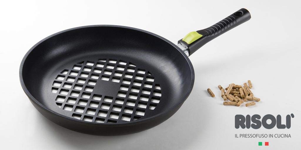 Padella per barbecue in alluminio antiaderente con fondo grigliato e manico rimovibile di Risolì, diametro 320 mm