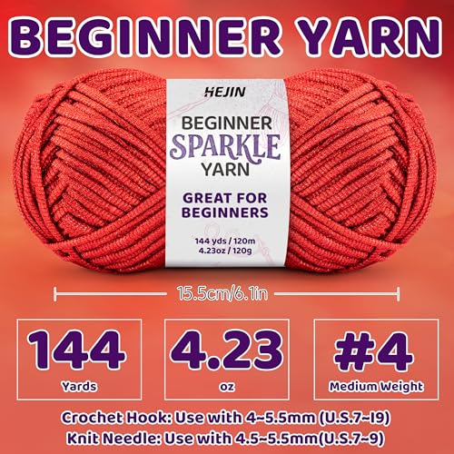 Image of 120g Red Sparkle Yarn for Crocheting and Knitting; 120m(144yds) for Beginners with Easy-to-See Stitches; Worsted-Weight Medium #4; Yarn for Beginners Crochet Kit Making