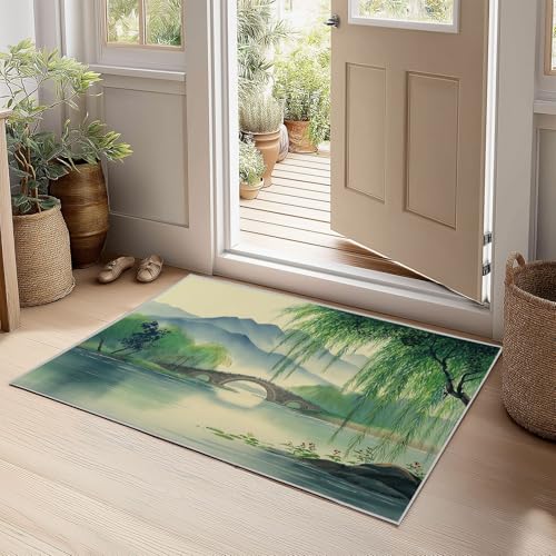 Tapis Salon 60x90cm Zen Oriental, Tapis de Salon Lavable en Machine Antidérapant à Poil Ras, Lac Brumeux Saule Pont Pierre Doux Tapis Chambre Adulte pour Salle à Manger Couloir