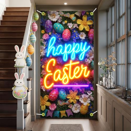 Image of Happy Easter Door Cover Neon Signs Style Bunny Eggs Banner Spring Front Door Decorations Home Party Outdoor Decor 35.4x71 Inch