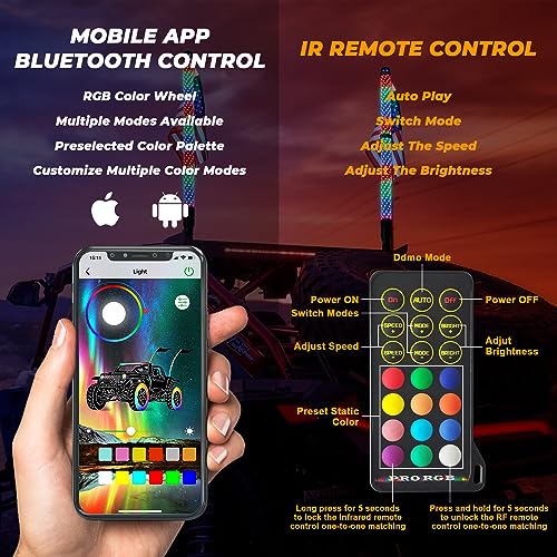 omotor 2PCs 2FT Fat Whip Lights and 8Pods RGB Rock Lights Kit with Bluetooth and Remote Control 360° Spiral Chase Offroad Warning Lighted Antenna LED Whips