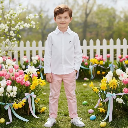 Image of OCHENTA Boys' Long Sleeve Button Down Cute Rabbit Casual Dress Easter Shirt | Oxford Cotton, Embroidered Bunny, Shirts for Boys School & Easter, Church, Wedding, Family Photos, Holiday Outfit
