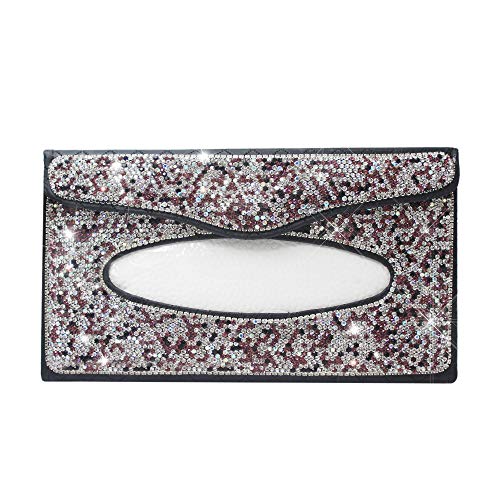 idain Bling Bling Car Sun Visor Tissue Box Holder Sparkling Crystal PU Leather Napkin Holder Paper Case Hanging Backseat Tissue Holder (Purple)