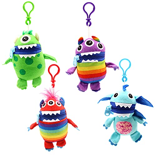 Worry Yummy Monster Clip On Keyring Childrens Soft Toy Pack of 4-13cm (5 1/2) - Soft Cuddly Toy For Kids - Boys & Girls Anxiety Stress & Fear Reducing - Bag Clip Toy