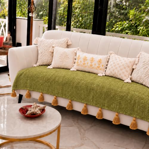 WWW.THROWPILLOW.IN Green Tassel Sofa Throw 3+1+1 Seater |Throw Pillow Sofa Cover with Tassels |Aesthetic 5 Seater Couch Cover Fully Covered |Seat & Back Slipcover Set of 3 for Living Room |Sofa Runner